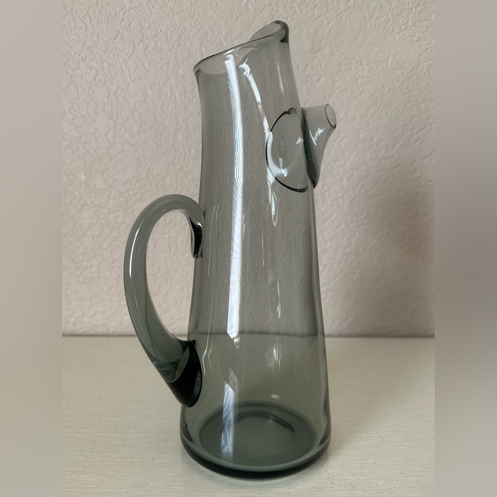 Blown Art Glass Cocktail Martini Pitcher Smoke Gray Applied Handle Spout 11.5”